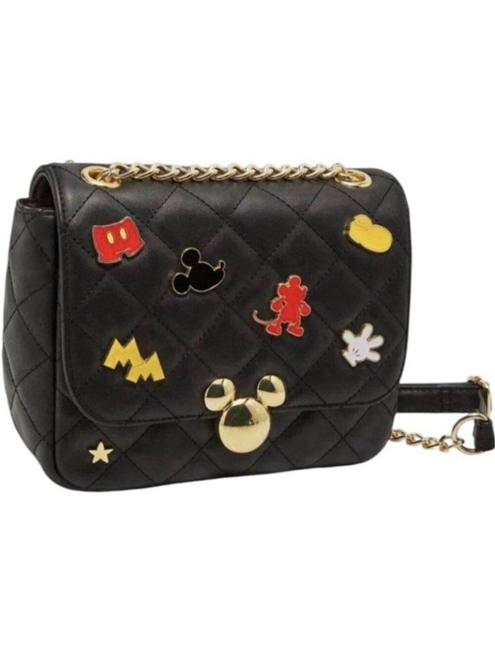 Loungefly Mickey Mouse Black Quilted Handbag Gold Chain Crossbody Pins NWT